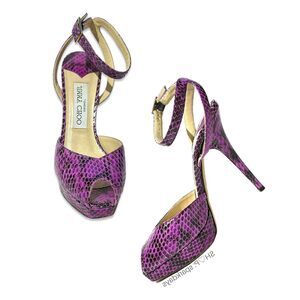 Jimmy Choo 7 Fuchsia Pink Snake Print Peep Toe Ankle Strap Platform High Heel 37